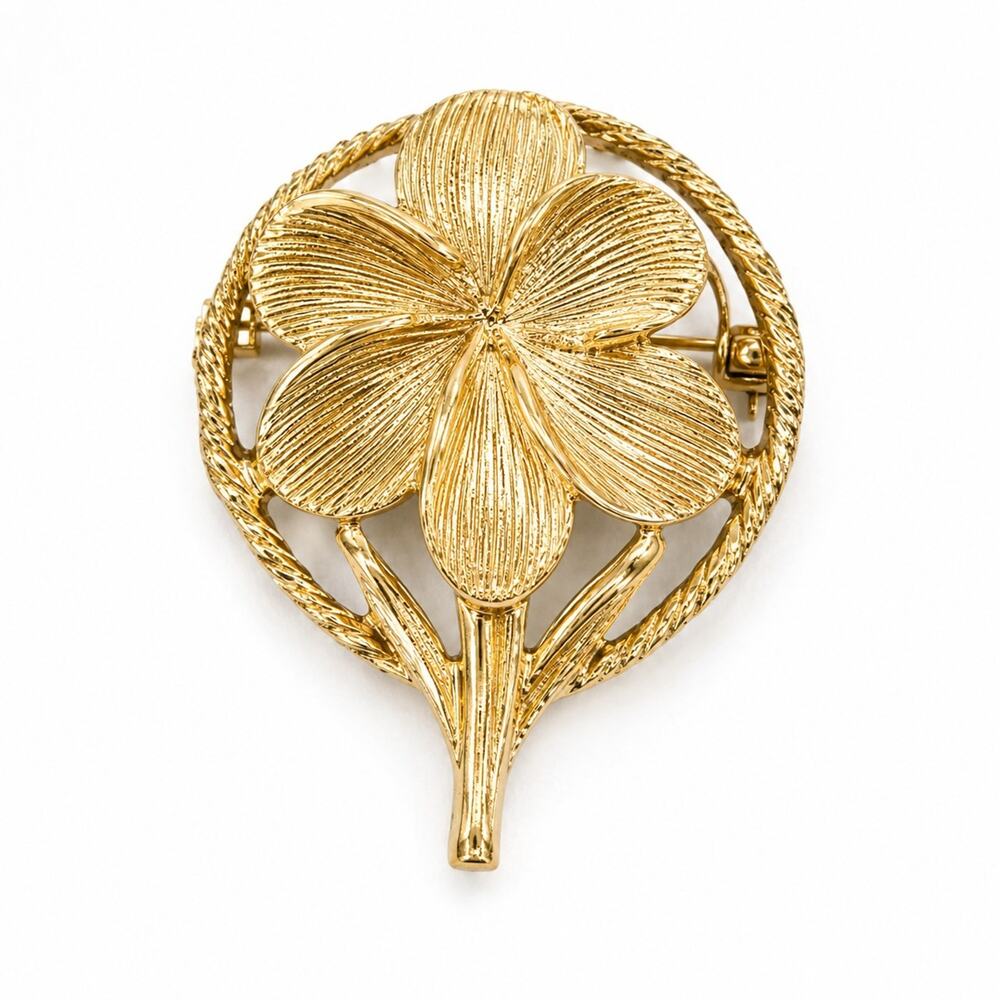 Vintage Crown Trifari 1960s Gold Tone Floral Wreath Brooch Pin Brushed...